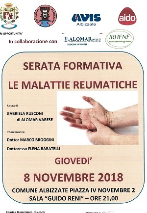 'Le malattie reumatiche': ad Albizzate (VA) l'8 novembre 2018 una serata formativa